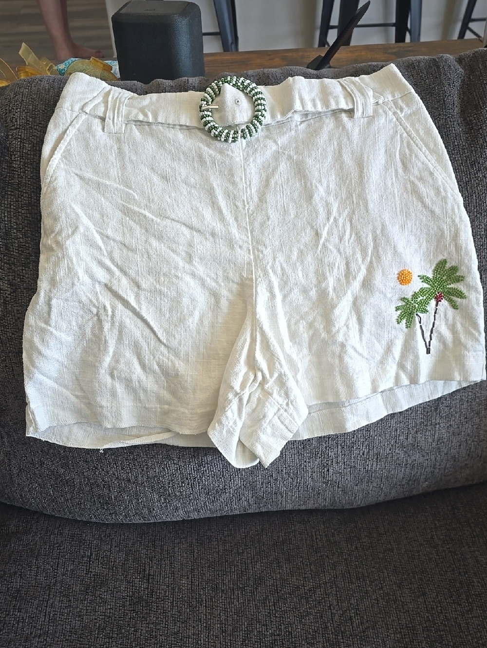 White Linen Palm Beaded Women’s Shorts